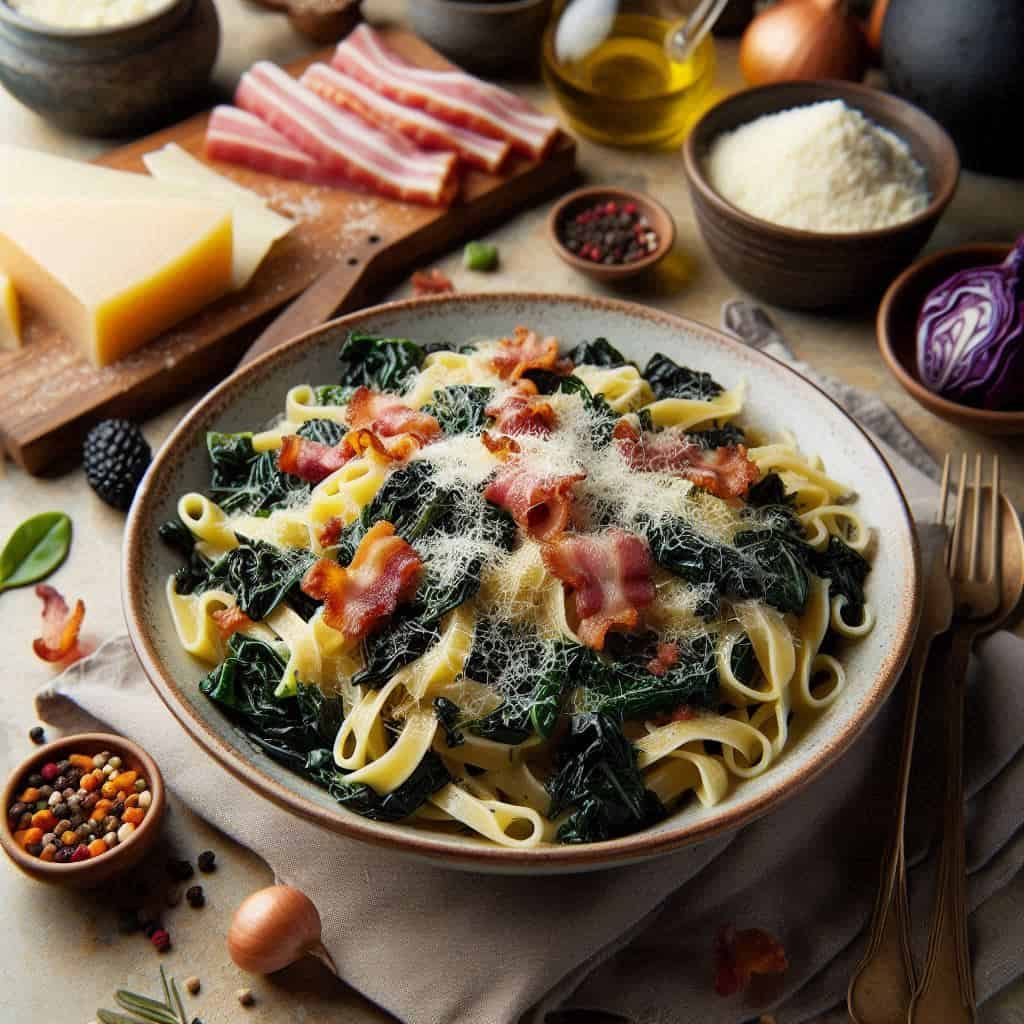 Pasta con crema di cavolo nero, guanciale e pecorino - Ricetteinallegria Pasta con crema di cavolo nero, guanciale e pecorino