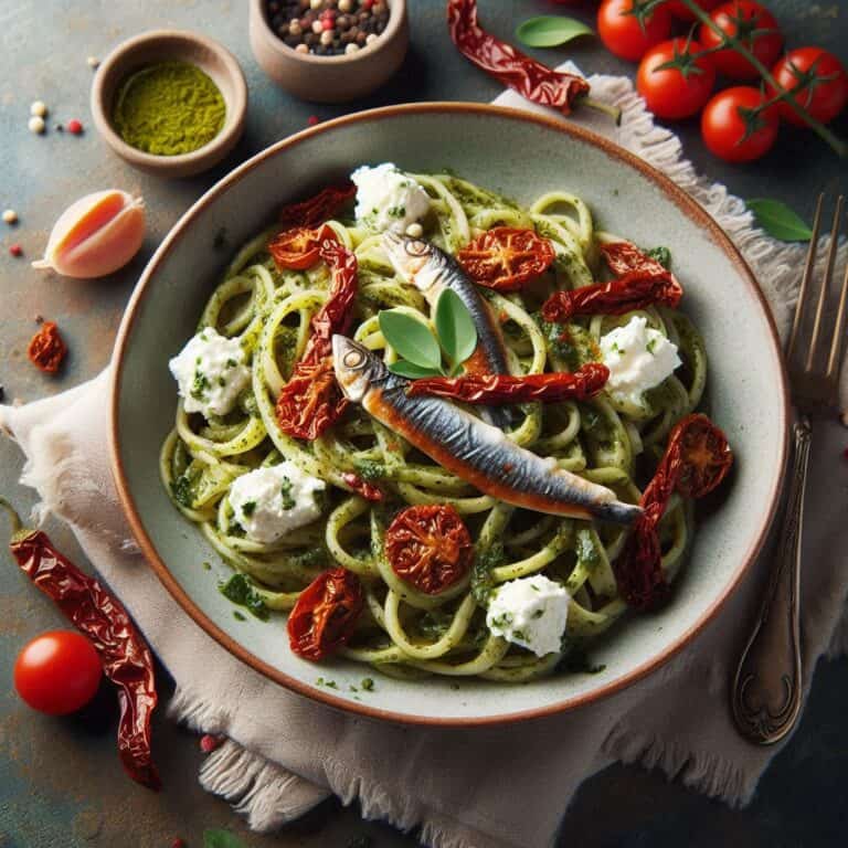 Pasta con pesto pomodori secchi ricotta alici