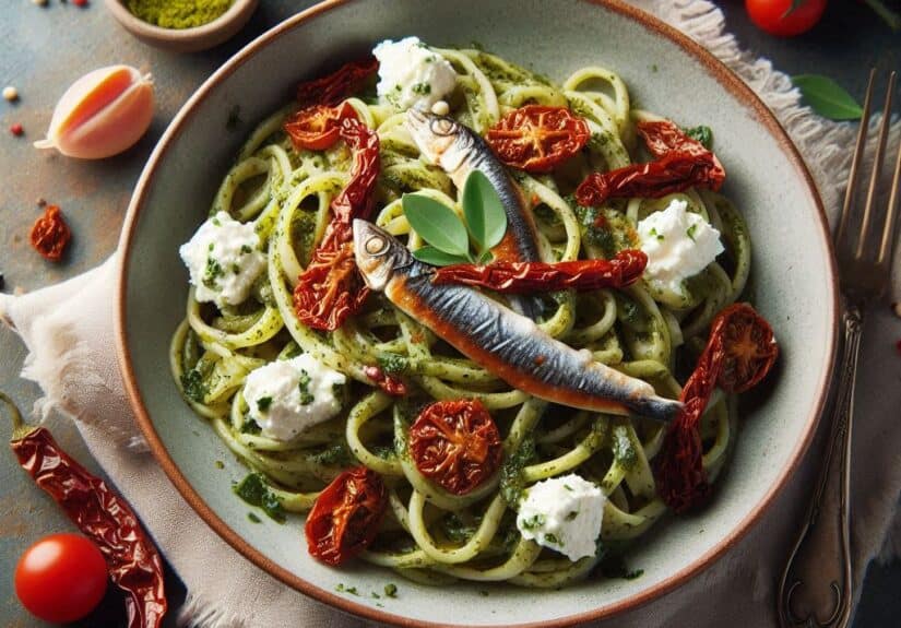 Pasta con pesto pomodori secchi ricotta alici