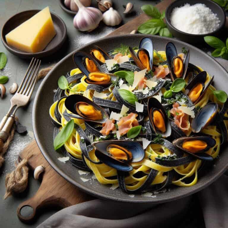 Tagliatelle al nero di seppia con pecorino, cozze e lardo pazze