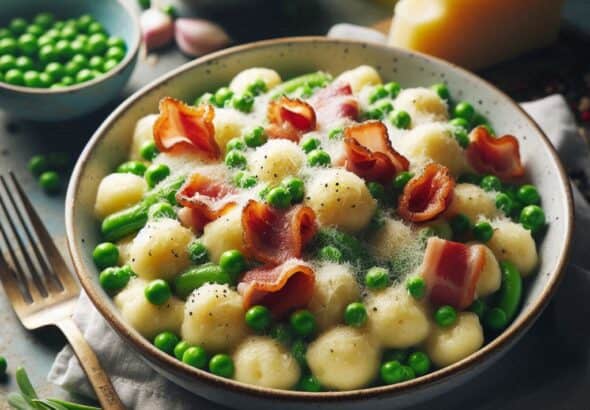 Gnocchi di ricotta con piselli, pecorino e guanciale