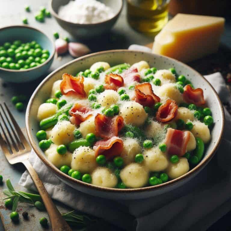 Gnocchi di ricotta con piselli, pecorino e guanciale