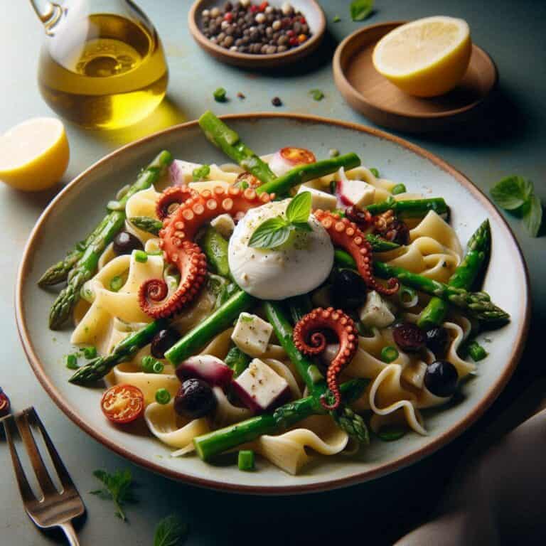 Pasta con asparagi polpo e burrata in festa