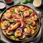 Calamari e gamberi gratinati con verdure