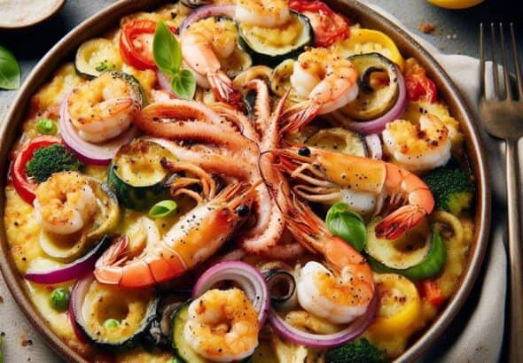 Calamari e gamberi gratinati con verdure