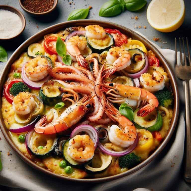 Calamari e gamberi gratinati con verdure