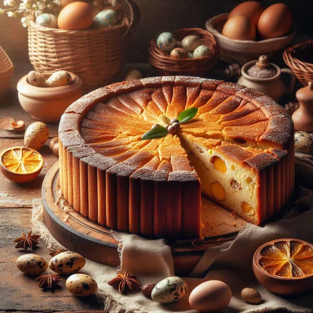 Tavolo rustico napoletano con pastiera appena sfornata, sfondo cucina tradizionale italiana, luce calda, fette visibili, decorazioni pasquali