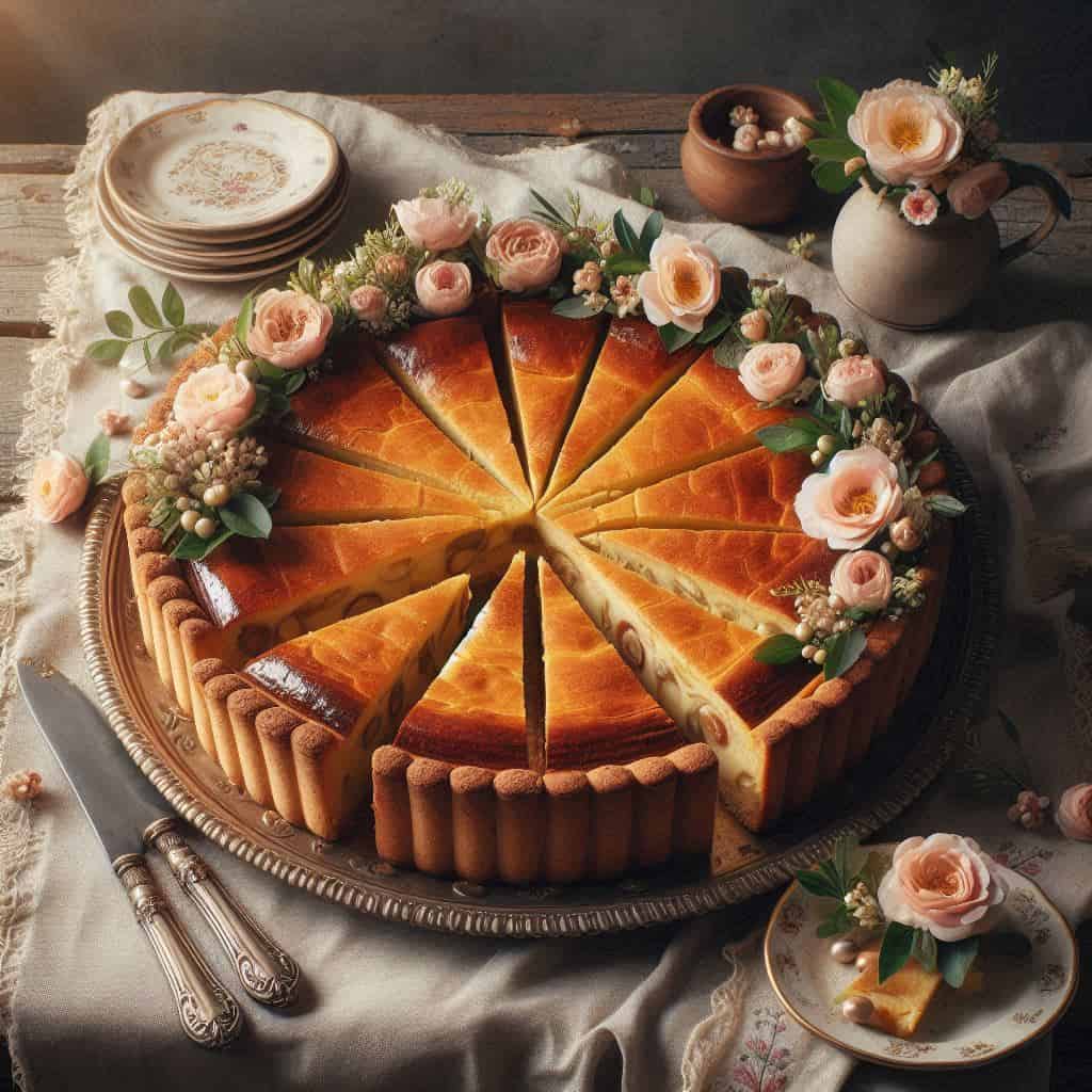 Pastiera napoletana intera su piatto da portata elegante, fette già tagliate con decorazioni floreali attorno, sfondo rustico, luce pomeridiana
