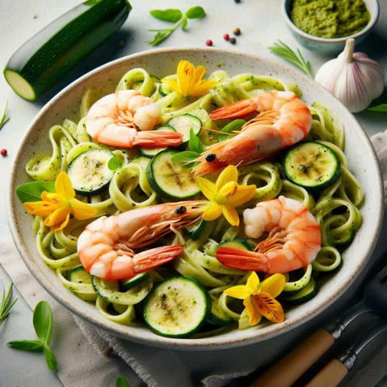 Pasta al Pesto di zucchine fiori di zucca e gamberi