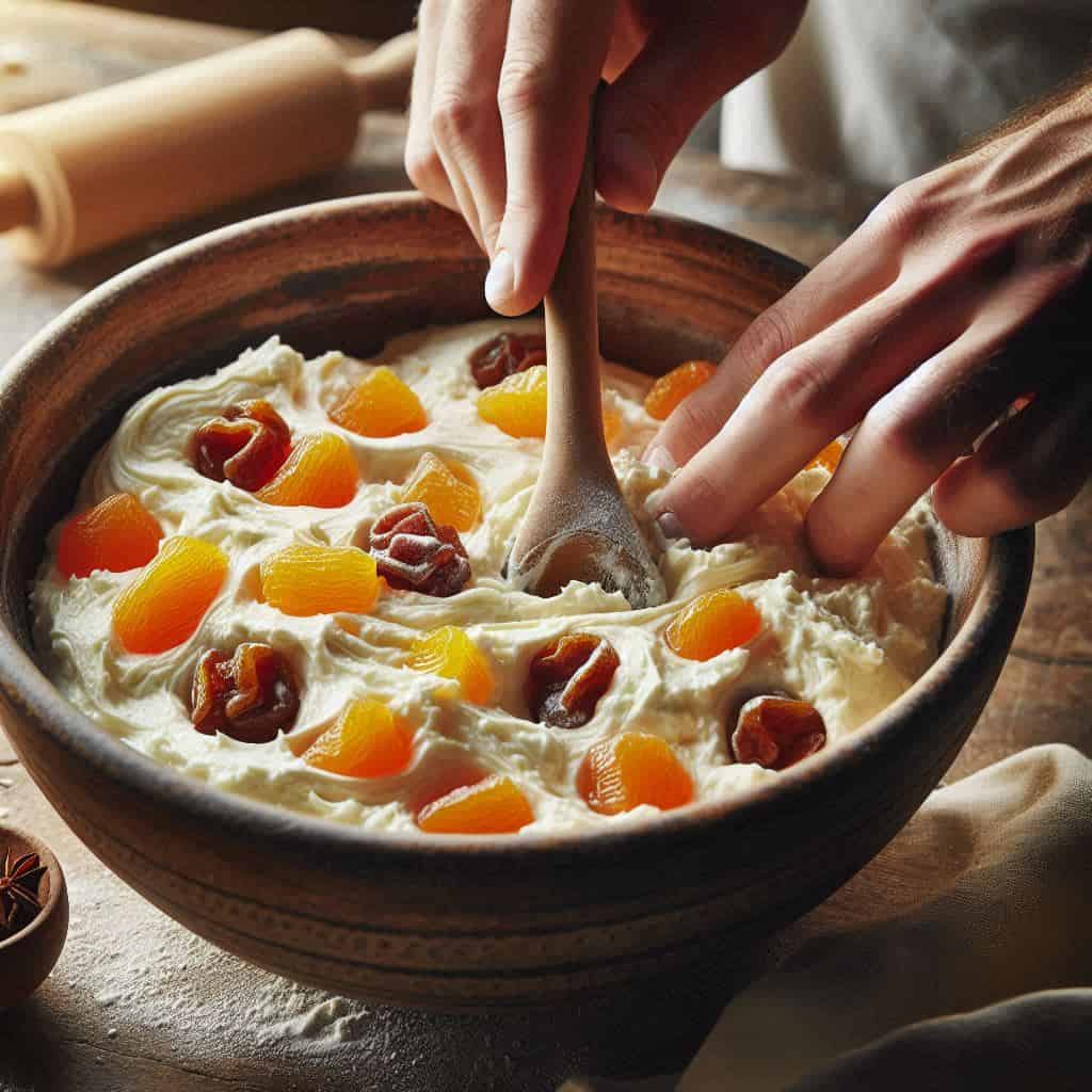 Vista ravvicinata di un impasto cremoso di ricotta e grano con canditi, su ciotola in ceramica rustica, mani di chef mescolano con cucchiaio di legno, luce naturale