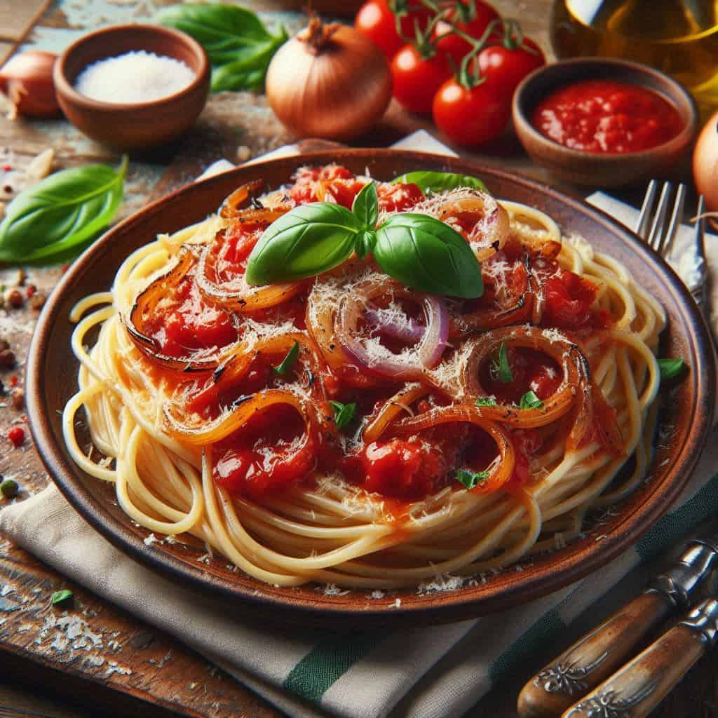 Spaghetti pomodoro e cipolle caramellate