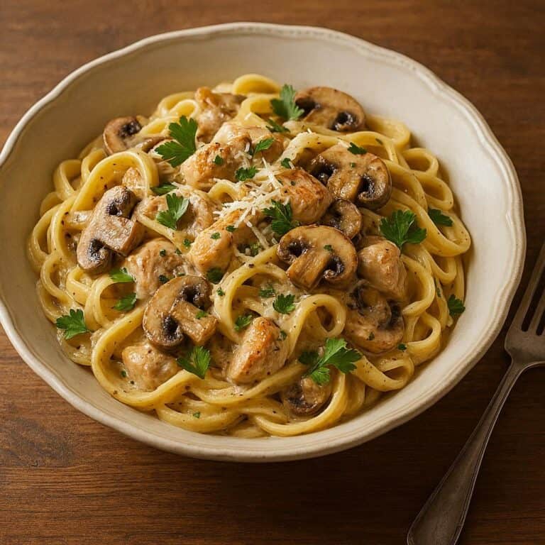 Pasta pollo e funghi cremosi