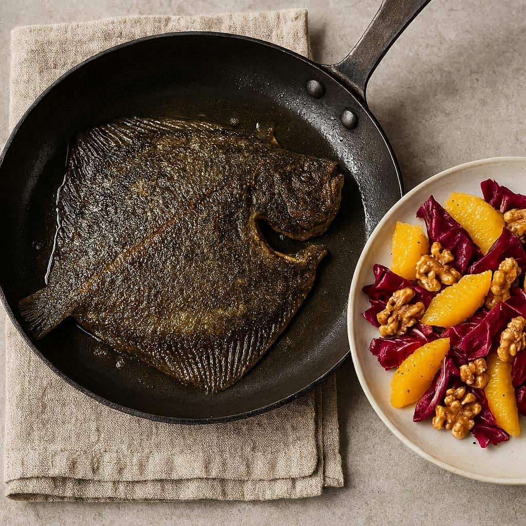 Rombo in padella con insalata di arance radicchio e noci