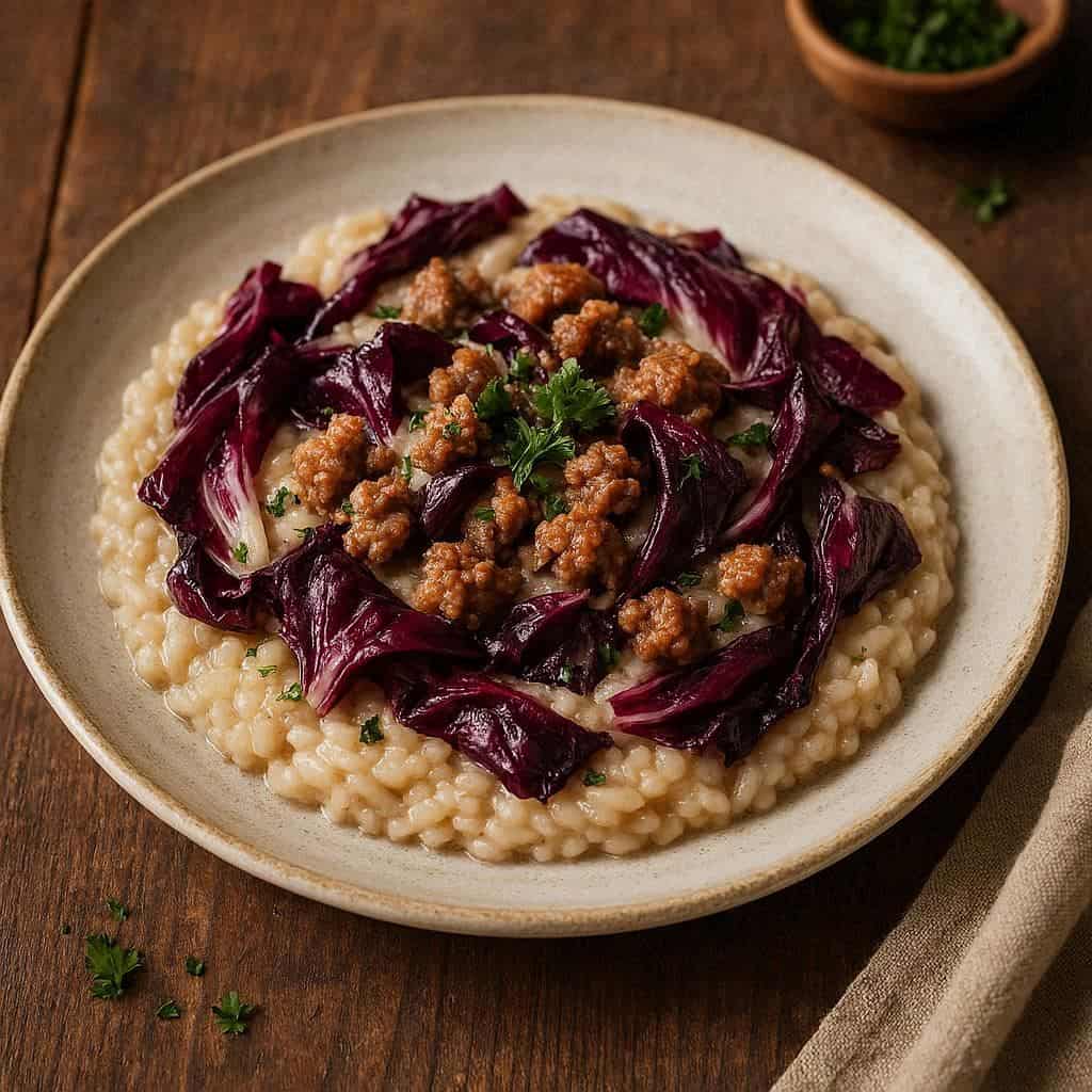 Risotto radicchio e salsiccia - Ricetteinallegria Risotto radicchio e salsiccia