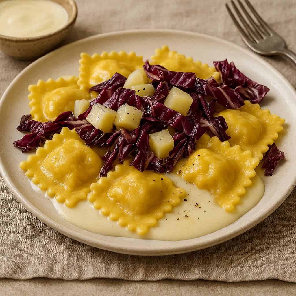 Ravioli di radicchio e patate e fonduta di formaggio - Ricetteinallegria Ravioli di radicchio e patate e fonduta di formaggio
