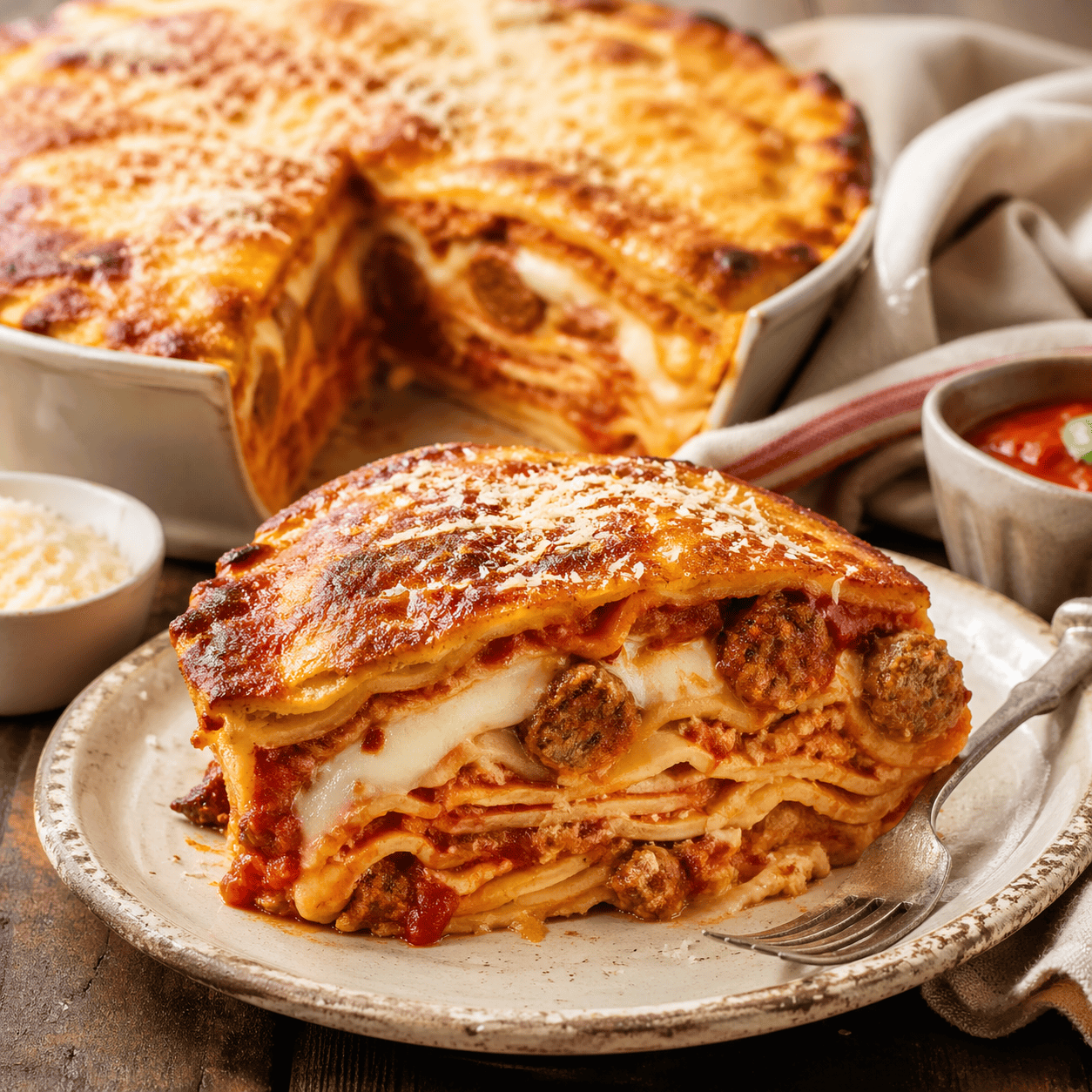 Slice of beef lasagna on a plate, showing layered pasta, melted cheese, tomato sauce, and sausage pieces inside.