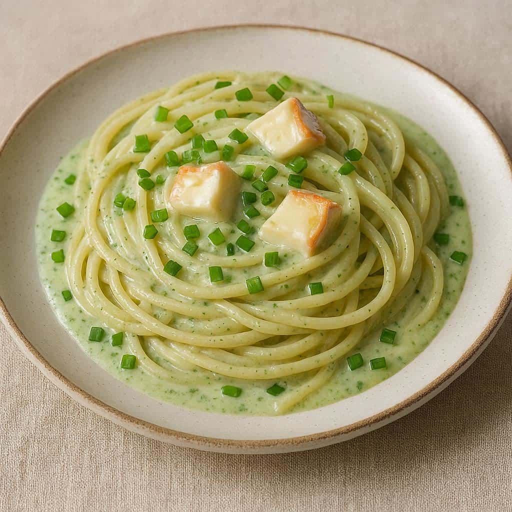 Spaghetti con crema di cipollotti e taleggio - Ricetteinallegria Spaghetti in a pale green herb cream sauce with small cheese cubes and chopped chives on top.