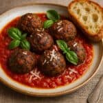 Plate of meatballs in red marinara sauce topped with torn parmesan, garnished with fresh basil leaves and a slice of crusty bread on the side.