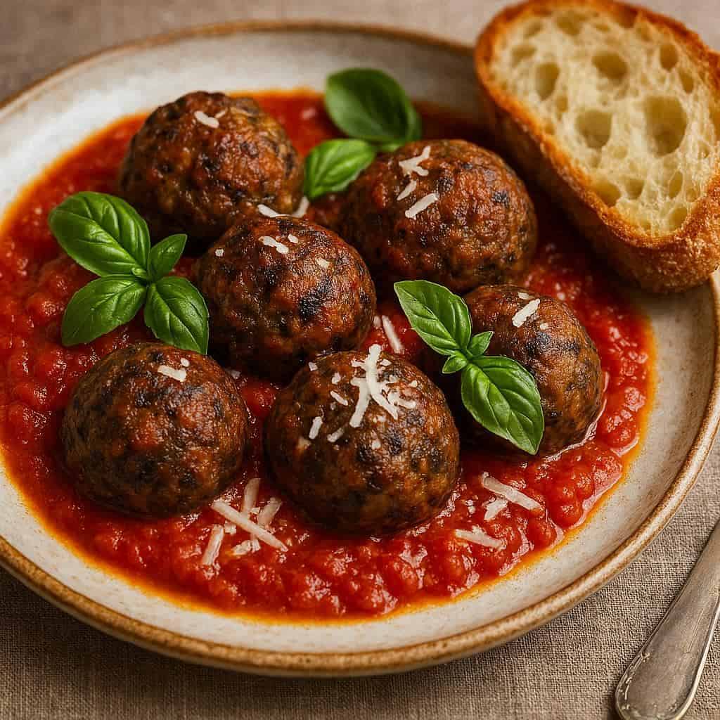 Polpette di melanzane alla norma - Ricetteinallegria Plate of meatballs in red marinara sauce topped with torn parmesan, garnished with fresh basil leaves and a slice of crusty bread on the side.